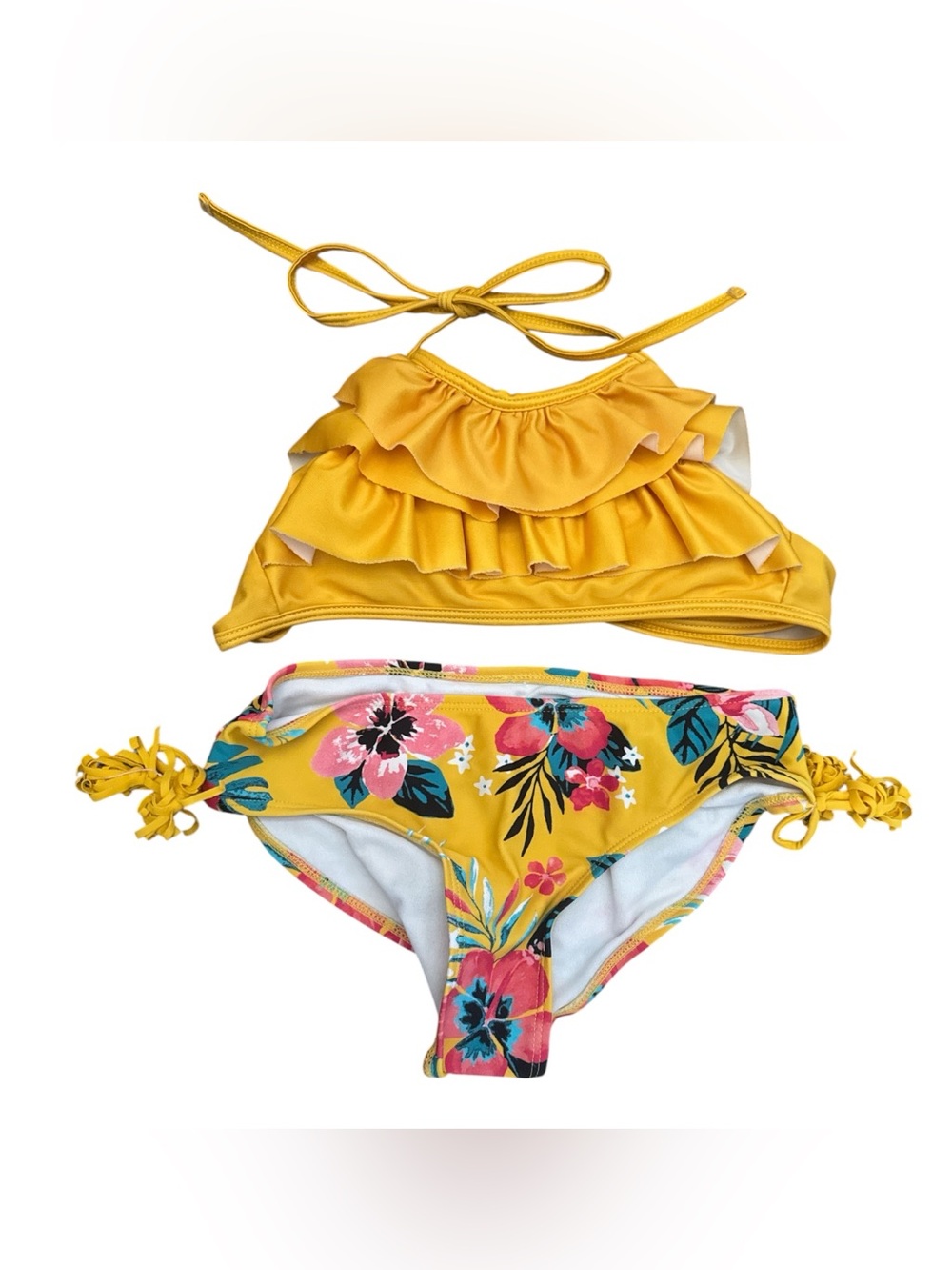 Girls' Size 6 Yellow Floral Ruffle Bikini Kids Swim Vacation Beach Bathing Suit